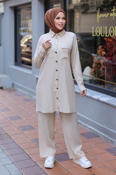 Cep Detaylı Tesettür Bej Takım 
