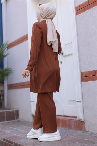 Cep Detaylı Tesettür Kahverengi Takım 