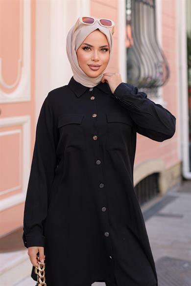 Cep Detaylı Tesettür Siyah Takım 