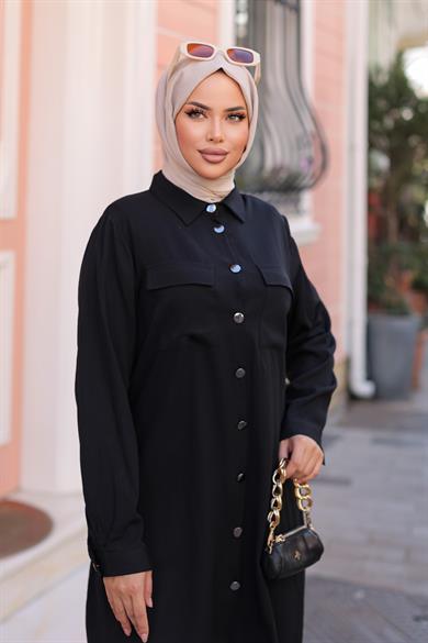 Cep Detaylı Tesettür Siyah Takım 
