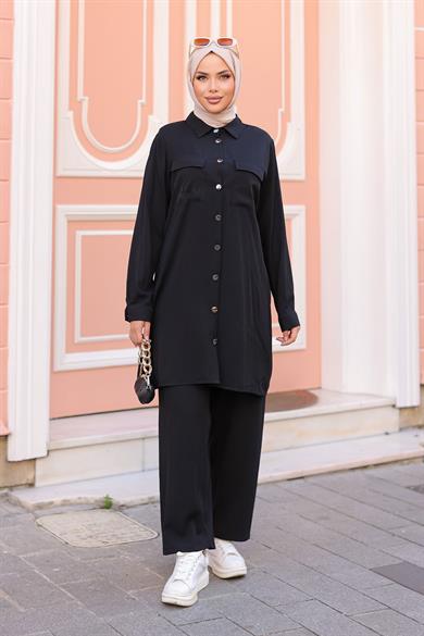 Cep Detaylı Tesettür Siyah Takım 
