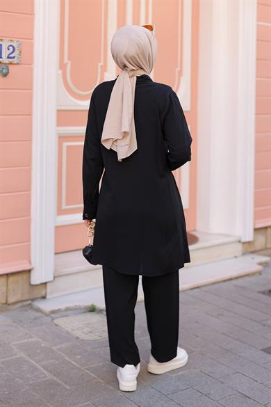 Cep Detaylı Tesettür Siyah Takım 