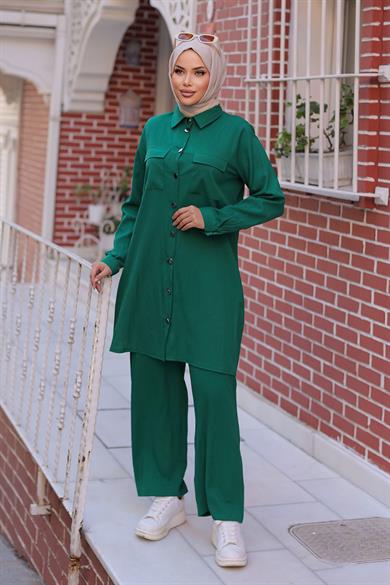 Cep Detaylı Tesettür Yeşil Takım 