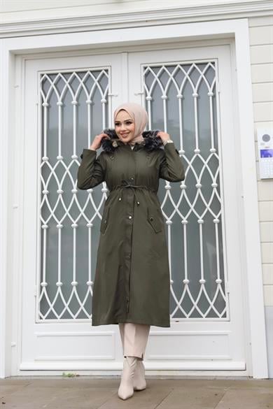Çift Fermuar Detaylı Tesettür Haki Mont