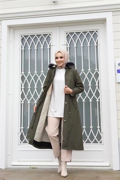 Çift Fermuar Detaylı Tesettür Haki Mont
