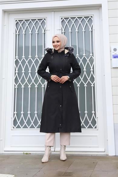 Çift Fermuar Detaylı Tesettür Siyah Mont