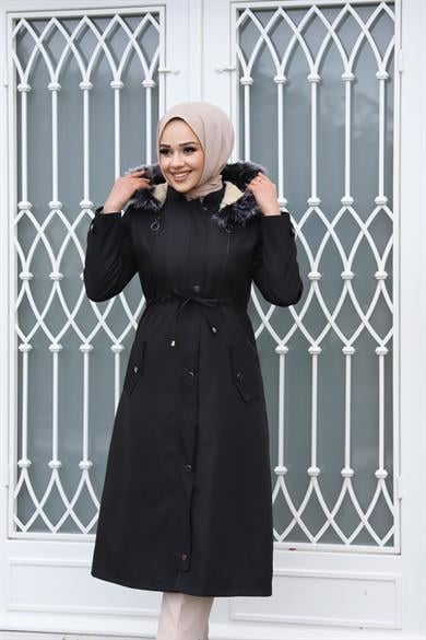 Çift Fermuar Detaylı Tesettür Siyah Mont