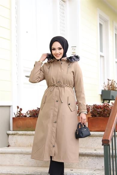 Çift Fermuar Detaylı Tesettür Vizon Mont