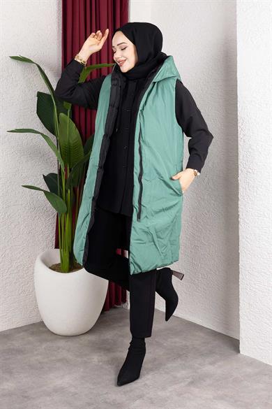 Çift Taraflı Kapşonlu Yeşil Şişme Yelek