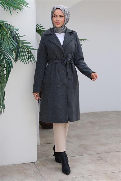 Düğme Detaylı Kaşe Kaban Antrasit 1224