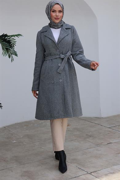 Düğme Detaylı Kaşe Kaban Gri 1224