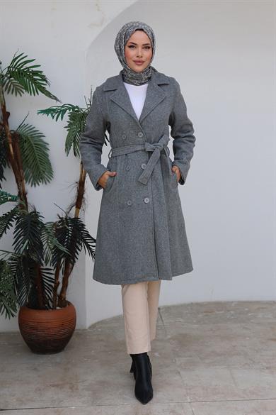 Düğme Detaylı Kaşe Kaban Gri 1224