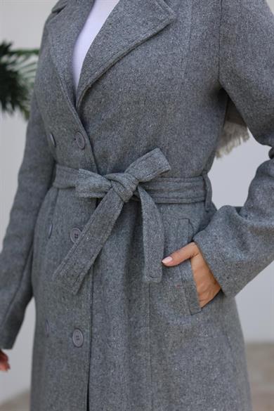 Düğme Detaylı Kaşe Kaban Gri 1224