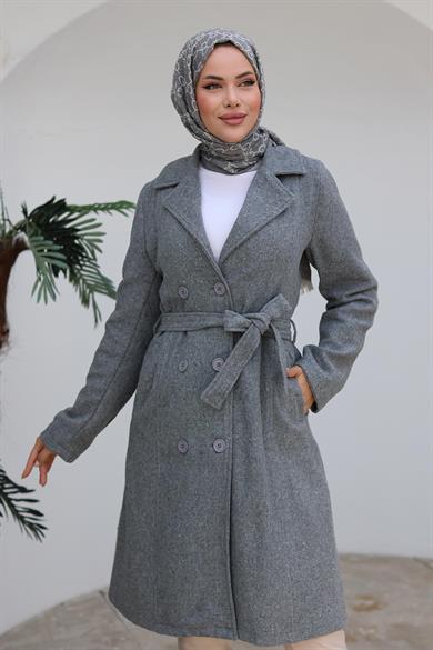 Düğme Detaylı Kaşe Kaban Gri 1224