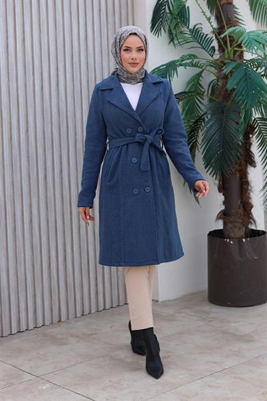 Düğme Detaylı Kaşe Kaban İndigo 1224