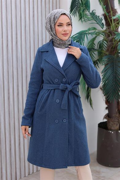 Düğme Detaylı Kaşe Kaban İndigo 1224