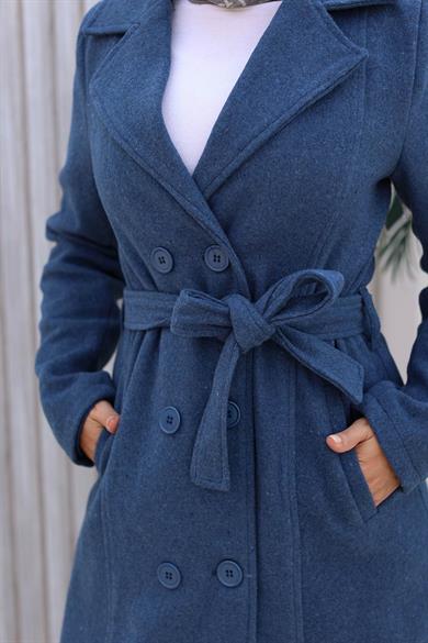 Düğme Detaylı Kaşe Kaban İndigo 1224