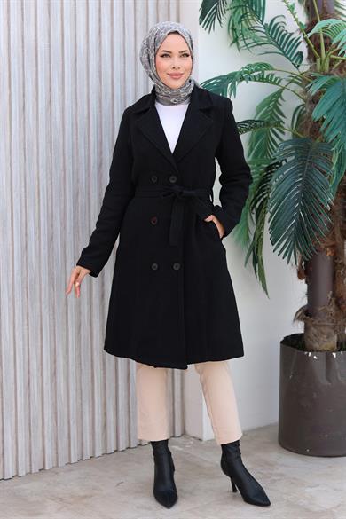 Düğme Detaylı Kaşe Kaban Siyah 1224