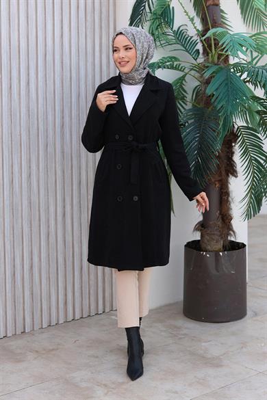Düğme Detaylı Kaşe Kaban Siyah 1224