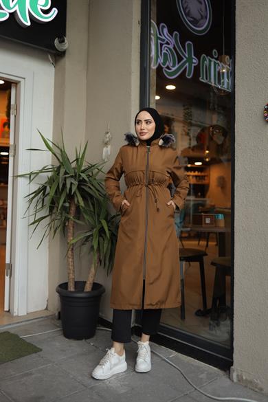 Düğme Detaylı Tesettür Camel Mont 