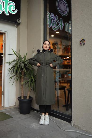 Düğme Detaylı Tesettür Haki Mont 