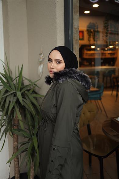 Düğme Detaylı Tesettür Haki Mont 