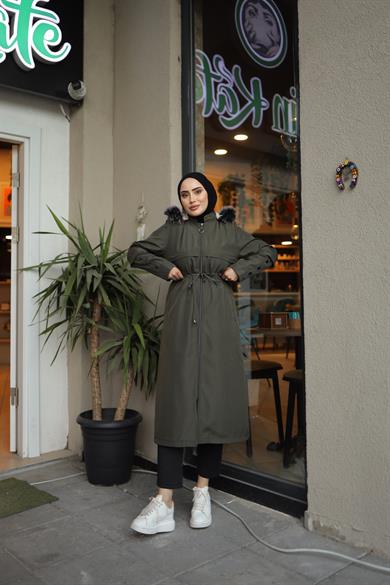 Düğme Detaylı Tesettür Haki Mont 