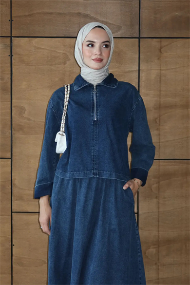 Etekli İkili Takım | Kot Denim Fermuarlı Üst & Uzun Etek