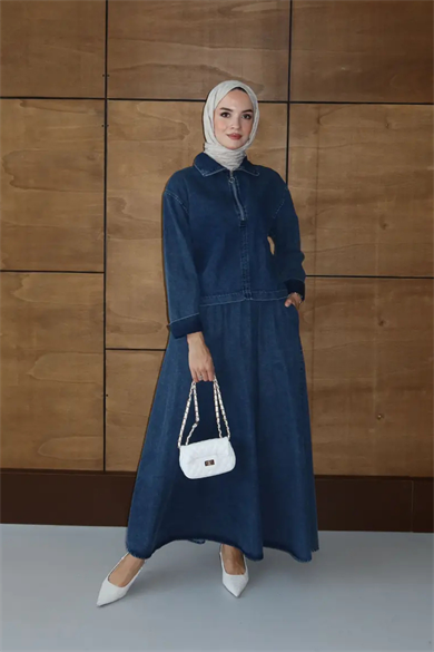 Etekli İkili Takım | Kot Denim Fermuarlı Üst & Uzun Etek