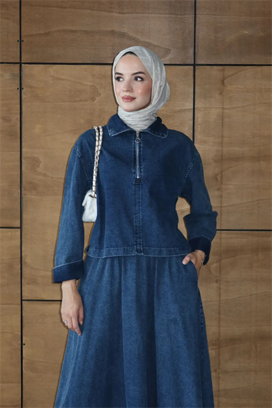 Etekli İkili Takım | Kot Denim Fermuarlı Üst & Uzun Etek