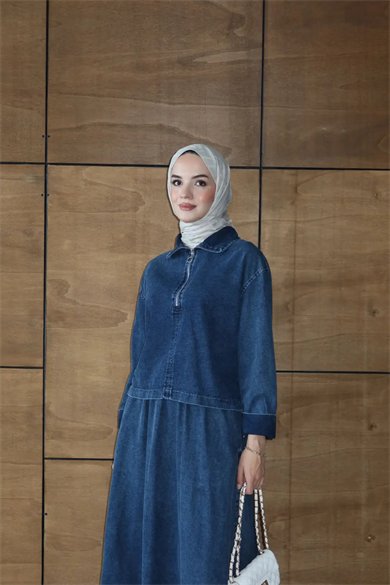 Etekli İkili Takım | Kot Denim Fermuarlı Üst & Uzun Etek