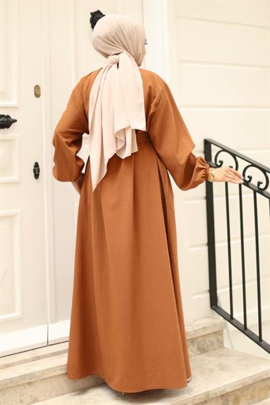 Gizli Fermuarlı Kuşaklı Ferace Kahverengi 4423