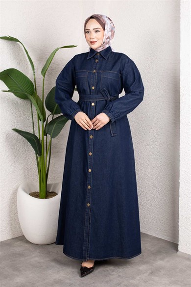 Gömlek Yaka Kemerli Denim Elbise – Uzun Tesettür Jean Model Koyu Mavi
