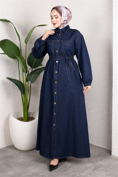 Gömlek Yaka Kemerli Denim Elbise – Uzun Tesettür Jean Model Koyu Mavi