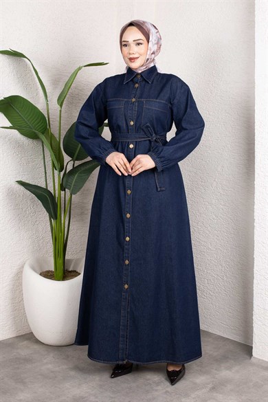 Gömlek Yaka Kemerli Denim Elbise – Uzun Tesettür Jean Model Koyu Mavi