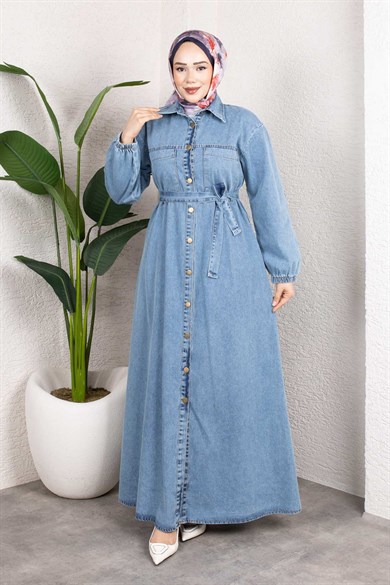 Gömlek Yaka Kemerli Denim Elbise – Uzun Tesettür Jean Model Açık Mavi