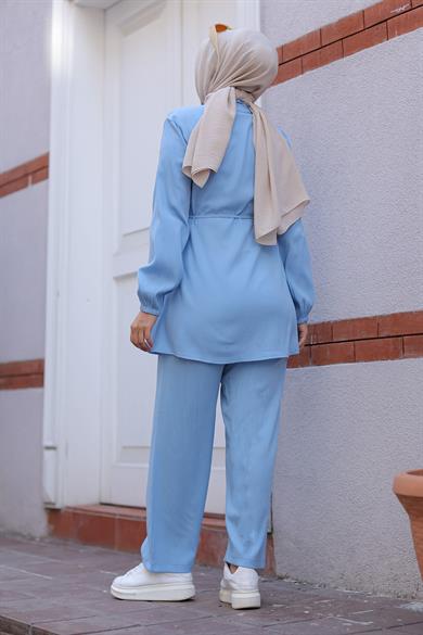 Hakim Yaka Detaylı Tesettür Bebe Mavisi Takım