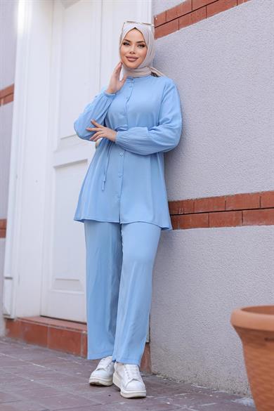 Hakim Yaka Detaylı Tesettür Bebe Mavisi Takım
