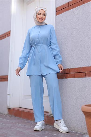 Hakim Yaka Detaylı Tesettür Bebe Mavisi Takım