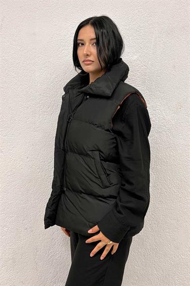 Kahverengi Astarlı Siyah Şişme Yelek