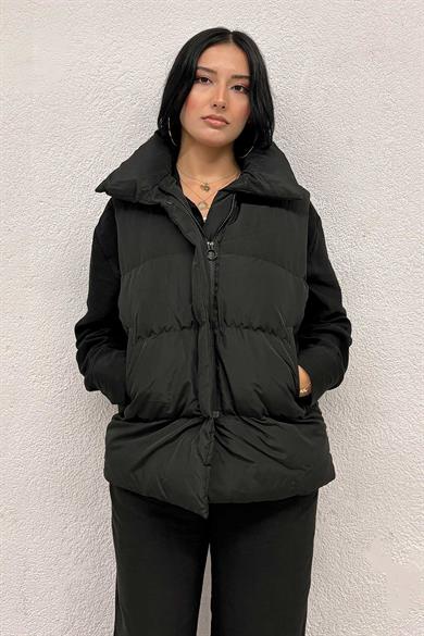 Kahverengi Astarlı Siyah Şişme Yelek