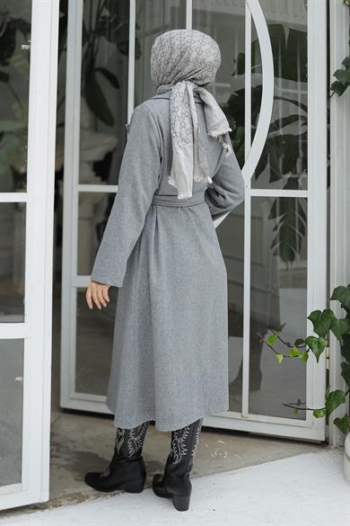 Kapak Detaylı Kaşe Kaban Gri 