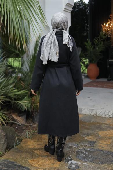 Kapak Detaylı Kaşe Kaban Siyah 