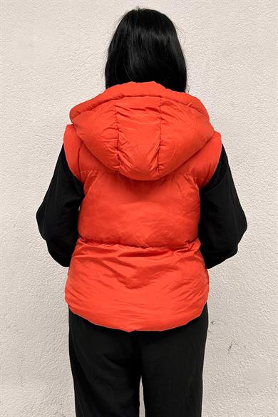 Kapşon Detaylı Şişme Yelek Turuncu