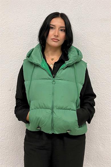 Kapşon Detaylı Şişme Yelek Yeşil