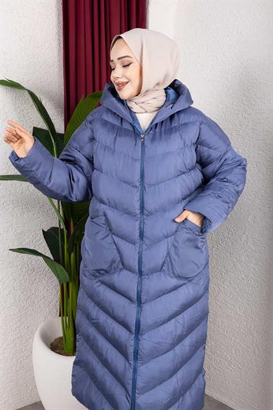 Kapşonlu Cepli Şişme Mont Mavi