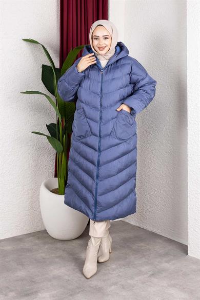Kapşonlu Cepli Şişme Mont Mavi