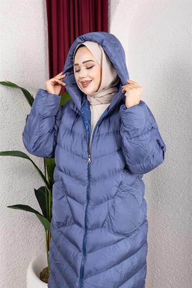 Kapşonlu Cepli Şişme Mont Mavi