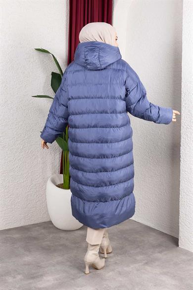 Kapşonlu Cepli Şişme Mont Mavi