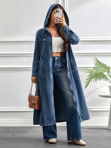 Kapüşonlu Kot Elbise | Uzun Kesim Cepli Modern Stil